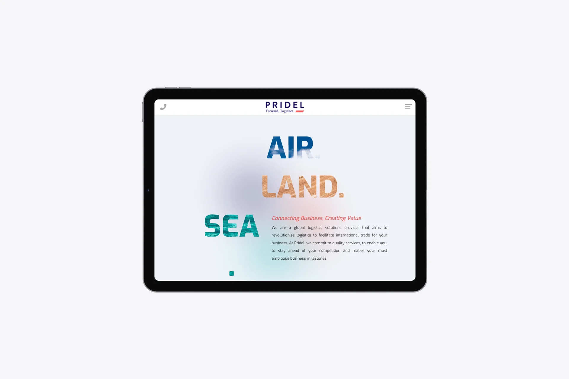 Pridel Logistics Webpage optimised for Landscape Tablet View