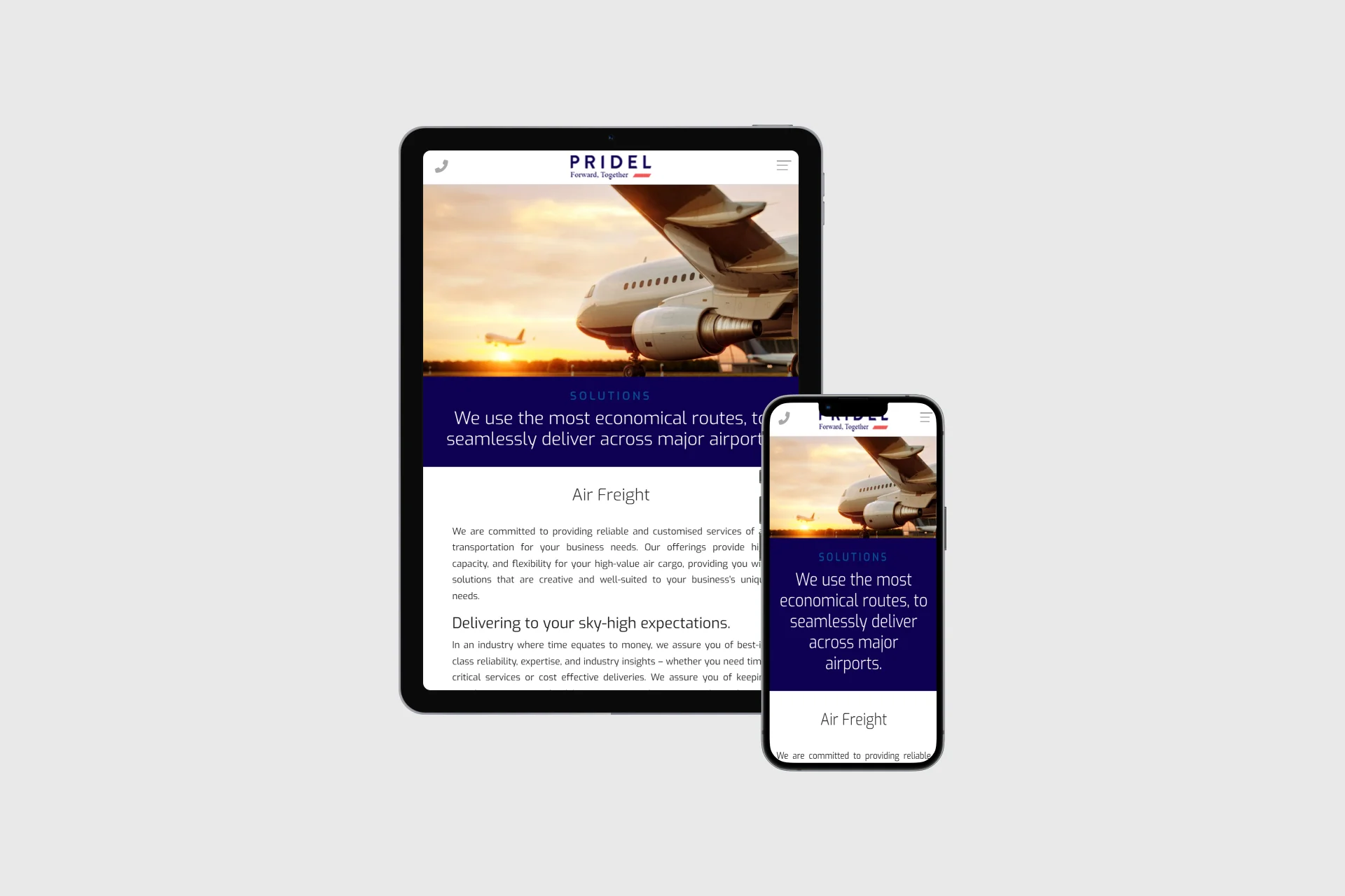 Pridel Logistics webpage optimised for Tablet and Mobile View
